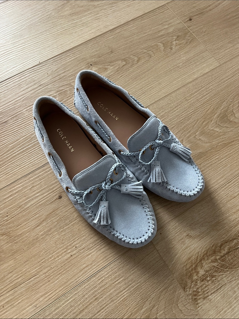 COLE HAAN | Gissella Suede Tassel Driving Loafers - in Blue Skyway 7